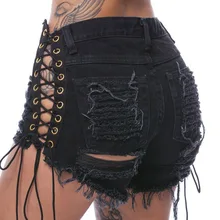 Sexy black Lace Up shorts jeans Summer Hole high waist denim short Fashion tassel hollow out ripped shorts Streetwear 2017 new