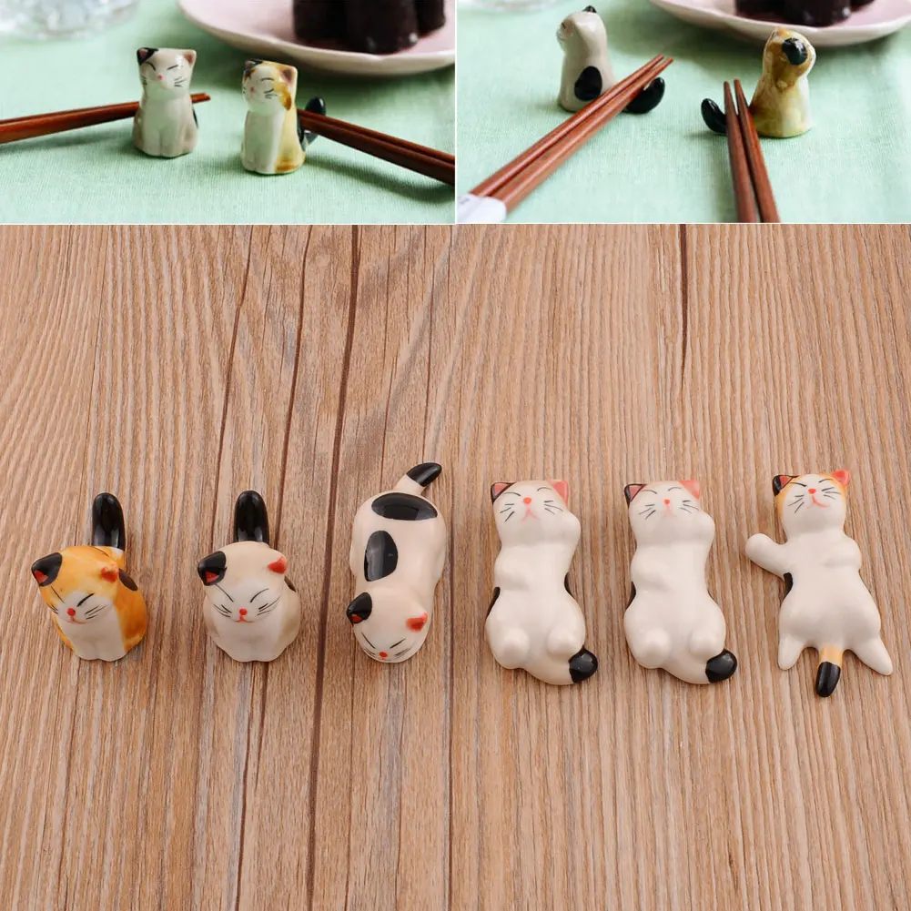 Set Of Japanese Ceramic Lucky Cat Shaped Chopsticks Rest Fork Holders