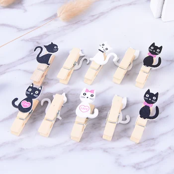 

10pcs/lot Kawaii Japanese cat wooden clips with hemp rope Mini clipwood paper clip for bag DIY tools