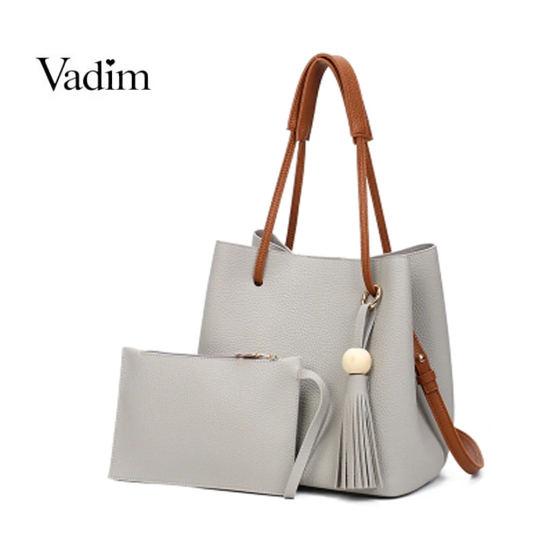 

Vadim 2019 New 2Pcs Bucket Bag Women Handbag Soild Crossbody Bags Leather Shoulder Bag Fashion women shoulder bags sac