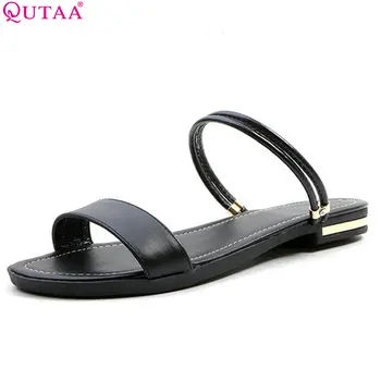 

QUTAA 2020 Women Sandals PU Leather Fashion All Match Flats Square Low Heel Westrn Style Women Sandals Size 34-43
