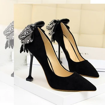 

EMMA KING pointed toe wedding heels 2018 big crystal bufferfly-knot special heel slip-on sexy women heels pumps size 35-40