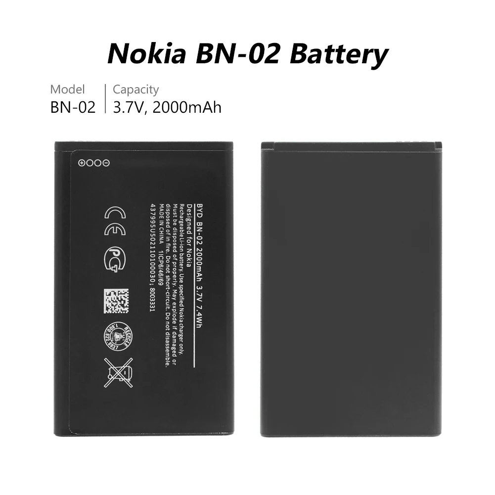 Аккумулятор для телефона 3,7 V 2000mAh BN-02 BN 02 BN02 литий-ионная аккумуляторная батарея для Nokia XL 4G/RM-1061/RM-1030/RM-1042/RM-1061