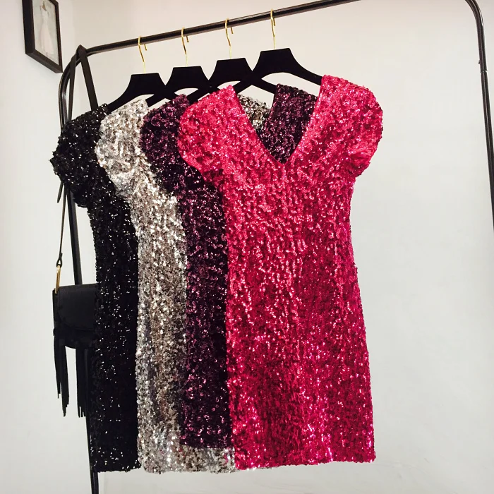 

Celebrities Dress Spring Autumn 2018 Lady Bling Sequined Front and Back V-neck Elastic Slim Dress Short Sleeve Sexy Club Dress