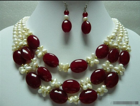 

FREE SHIPPING3 Rows Real White Pearl Red Agate 18KGP Clasp Pendant Necklace Earrings Set (A0423) -Bride jewelry free shipping