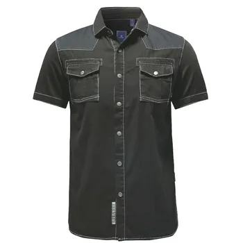 

Summer 2018 Casual Mens Black Patchwork Short Sleeve Denim Shirt , 100% Cotton Jeans Shirts For Man , Male Cardigan Slim Blouse