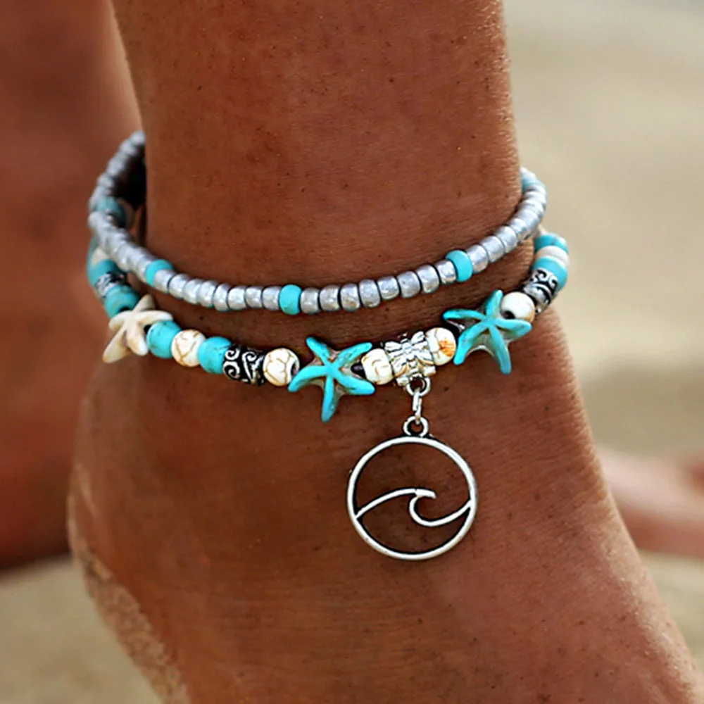 

10 set Vintage Shell Beads Starfish Sea Turtle Anklets For Women Multi Layer Anklet Leg Bracelet Handmade Bohemia Jewelry