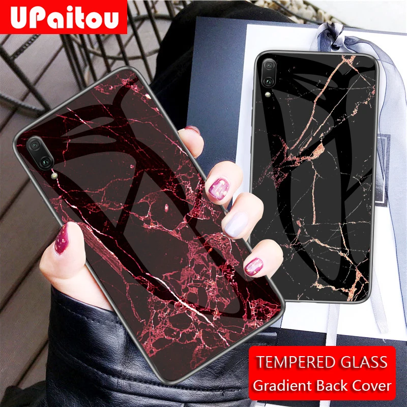 

UPaitou Tempered Glass Retro Case for Huawei Y7 2019 Soft TPU Edge Gradient Glass Back Cover Case For Y7 Prime Pro Y9 2019 Bags
