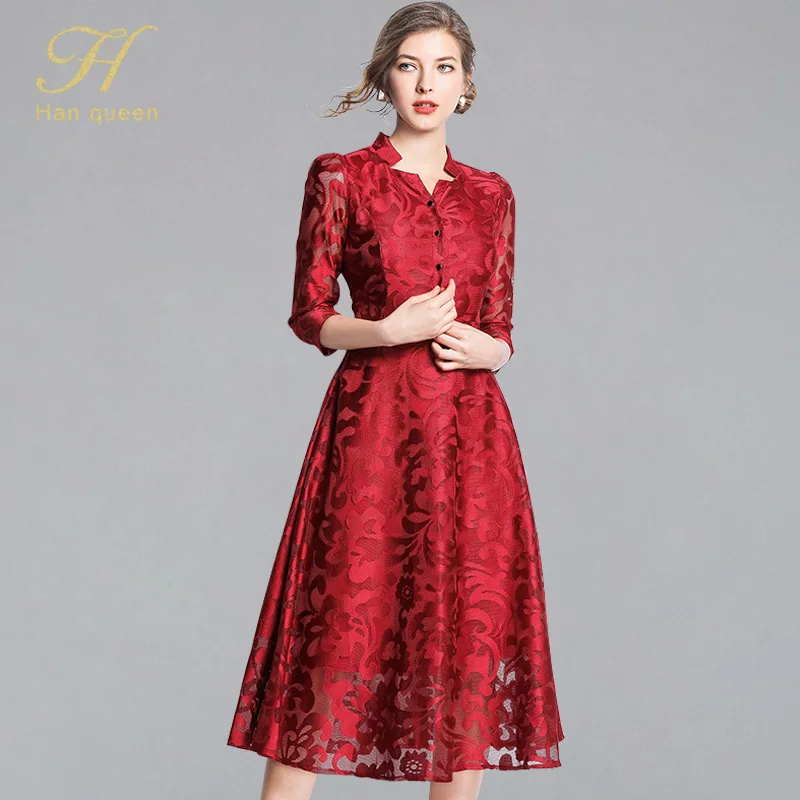 

H han queen Vintage Blue/Red/Black Lace Dress Women Elegant A-line Femme Single-breasted Long Dresses Hollow Out Casual Vestidos