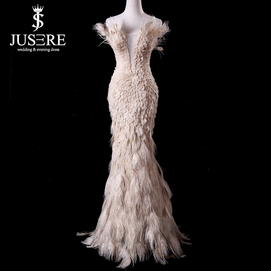 

Off Shoulder Plugging V neckline Zipper Up Back Floor Length Elegant Queen Luxury Feather Mermaid Champagne Evening Dress 2018