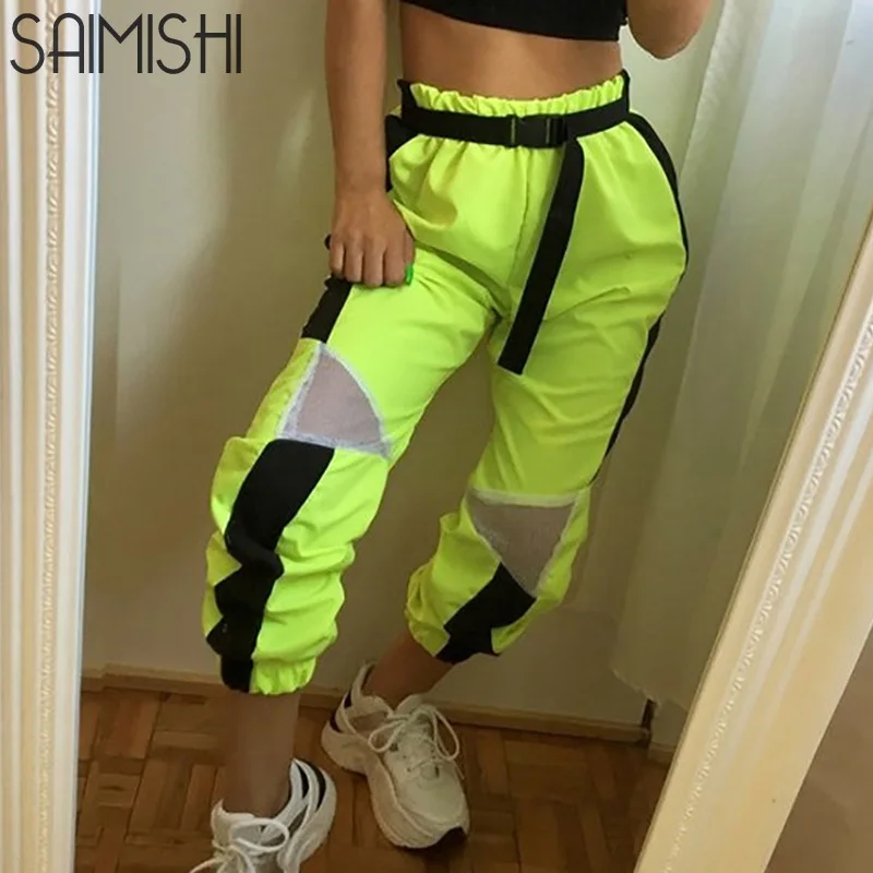 

Saimishi Neon Green Spring Summer Women Trousers 2019 Mesh Insert Patchwork Elastic High Waist Joggers Female Casual Harem Pants