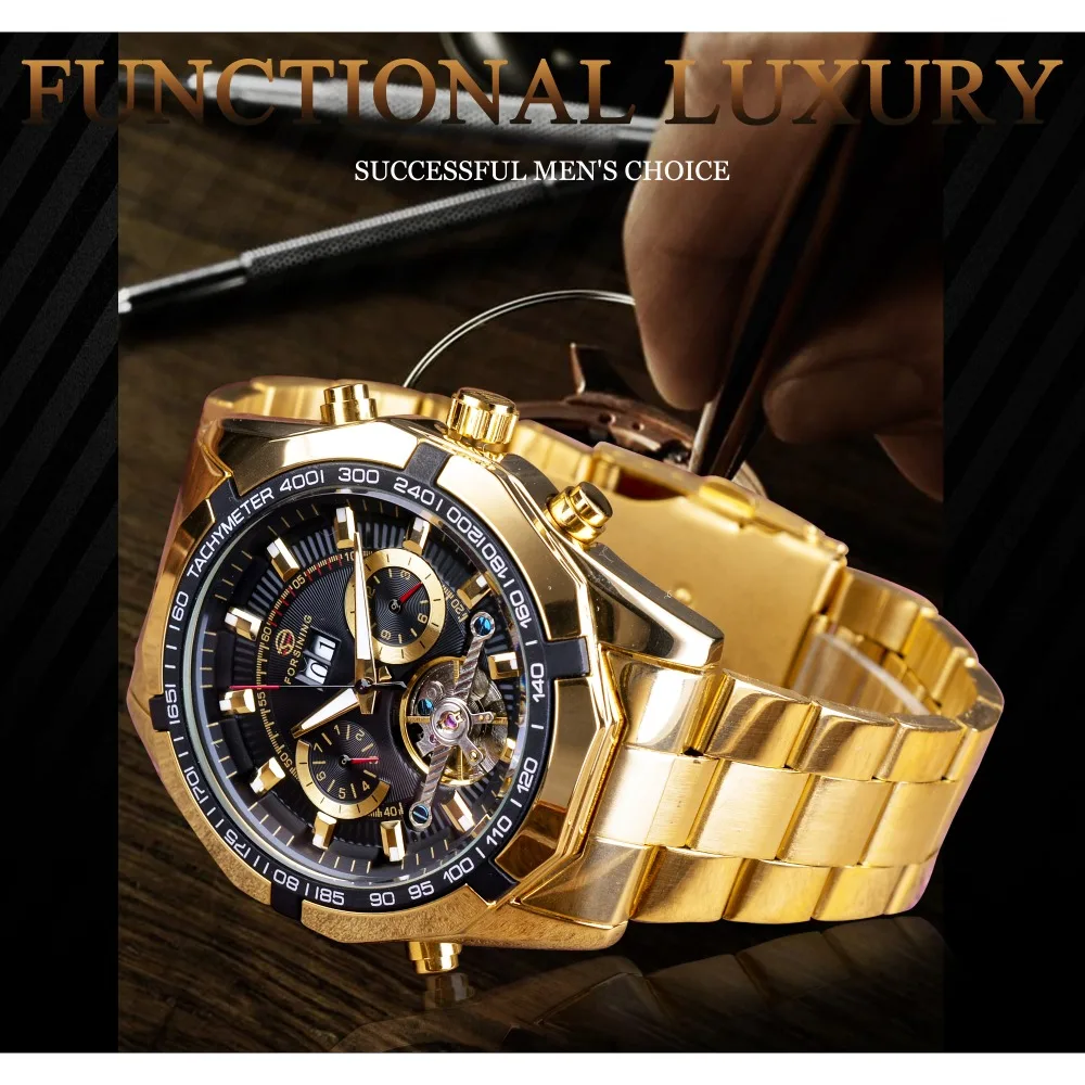 Forsining золотые мужские часы из нержавеющей стали на выбор, часы с календарем и турбином, дизайнерские деловые часы, Роскошные автоматические часы от ведущего бренда