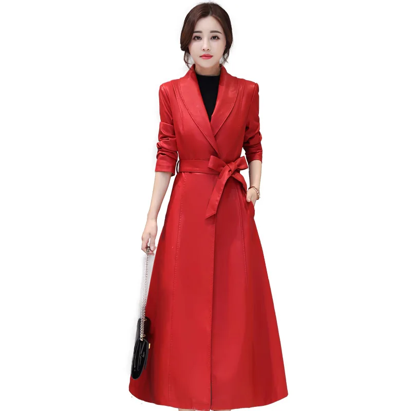 Veste Pu Grande red red D'hiver Tranchée Cuir Et Black Cotton black plus Femmes Taille Nouvelle Manteau Plus Longue 2018 plus Automne Mince Cotton En Dames wOXAAq