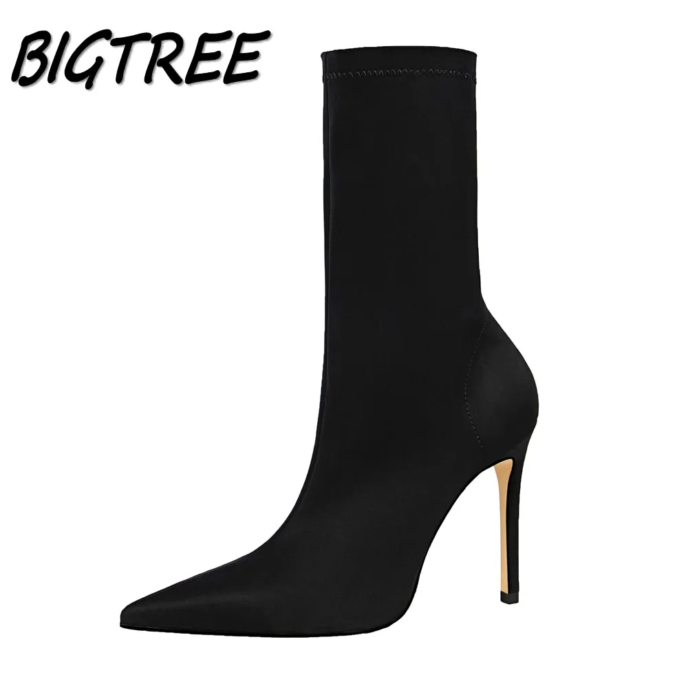 

BIGTREE Autumn Winter Women High heels Mid-Calf Boots Shoes Woman Pointed Toe Pumps Stilettos Sexy Stretch short boots 34-40