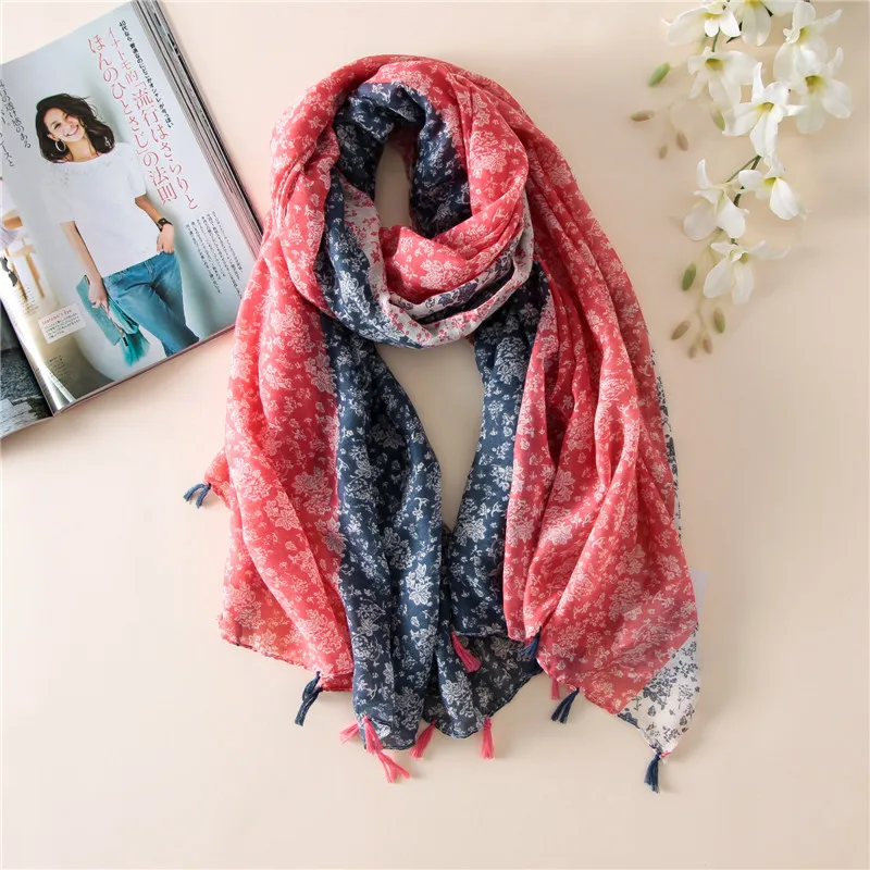 

New Large Soft Viscose Scarf with Tassels Small Floral Print for Women Bohemian Style Summer Beach Sunscreen Scarf S008-red