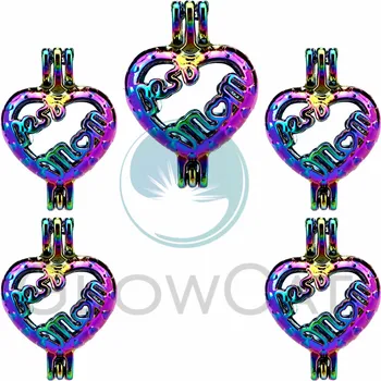

5X Rainbow Best Mom Heart Pearl Cage Locket Essential Oil Diffuser Necklace Charms Pendant Mother's Day Gift