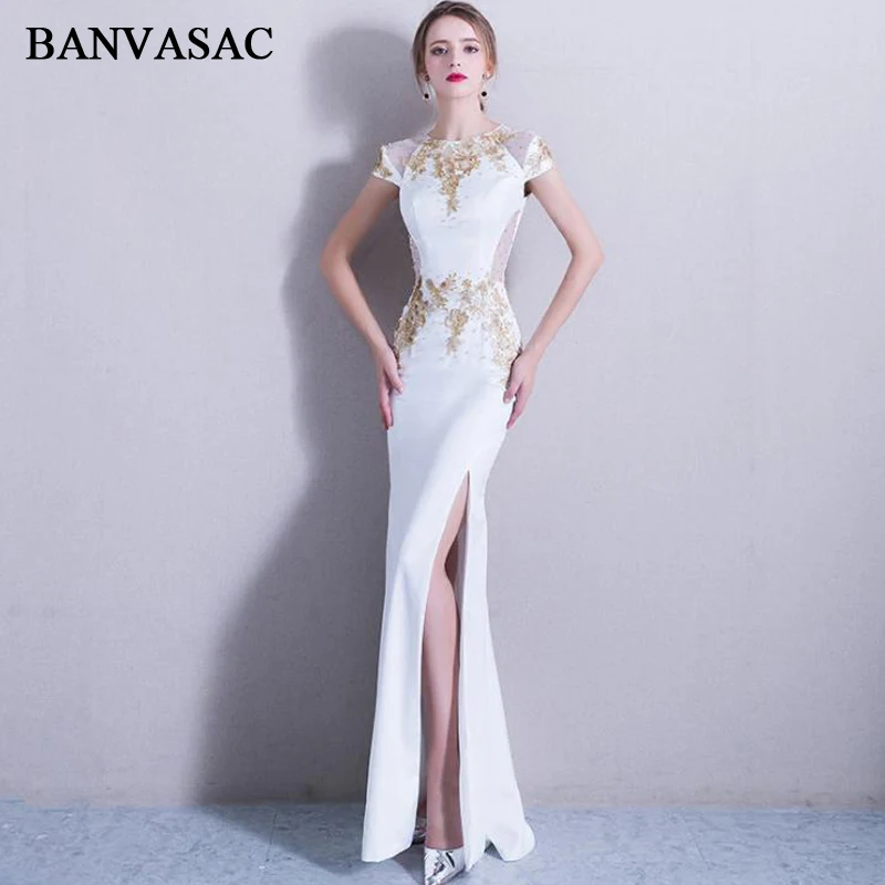

BANVASAC 2018 Crystal O Neck Gold Lace Appliques Split Mermaid Long Evening Dresses Party Short Cap Sleeve Prom Gowns