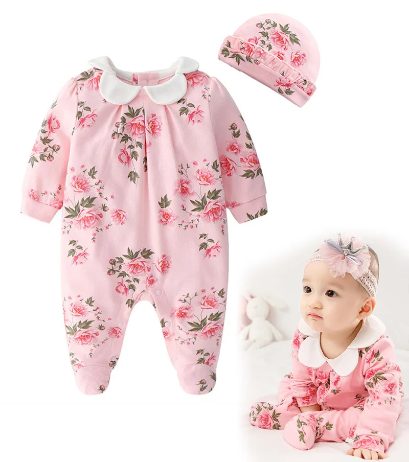 Newborn Girl Cotton Footies 1piece Overall with Cap Baby Girls Floral