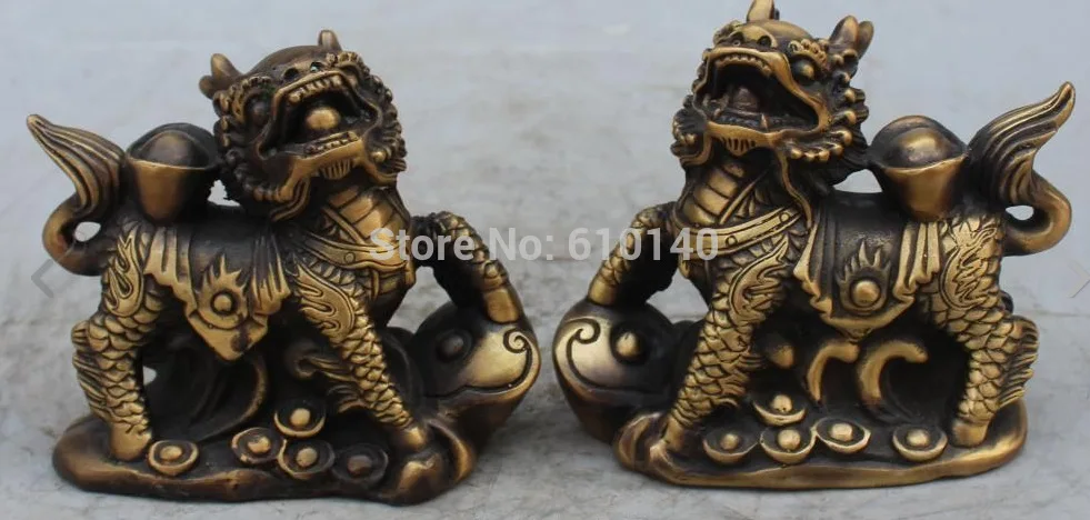 

5" Chinese Bronze Fengshui Wealth Yuanbao Chi-lin Unicorn Kylin Beast Ruyi Pair