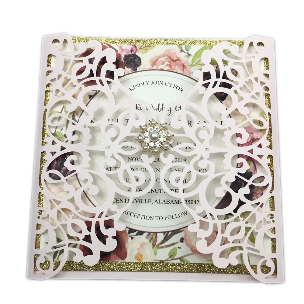 

Free Shipping 1X burgundy Navy blue Fold Hollow Laser cut castle Pocket Wedding Invite Invitation Card wedding invitations gem