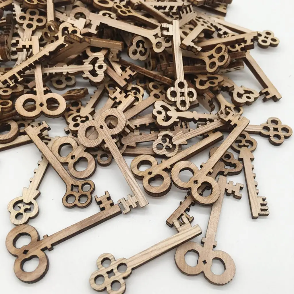 50pcs Key Shaped Unfinished Wood Pieces Crafts Wooden Hanging Embellishments