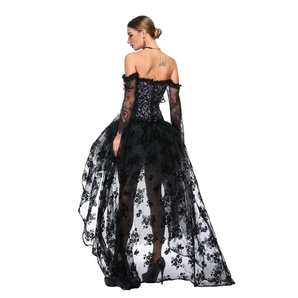 Corset com Saia de Duas Peças de Renda de Mangas Royal Compridas Vestido Corset 4 Espartilho e corpete