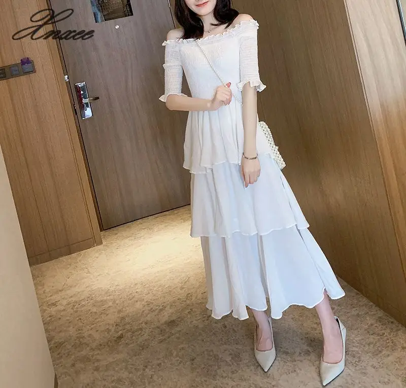 Летнее Новое корейское Длинное нарядное платье с воротником и открытыми плечами - Цвет: Белый