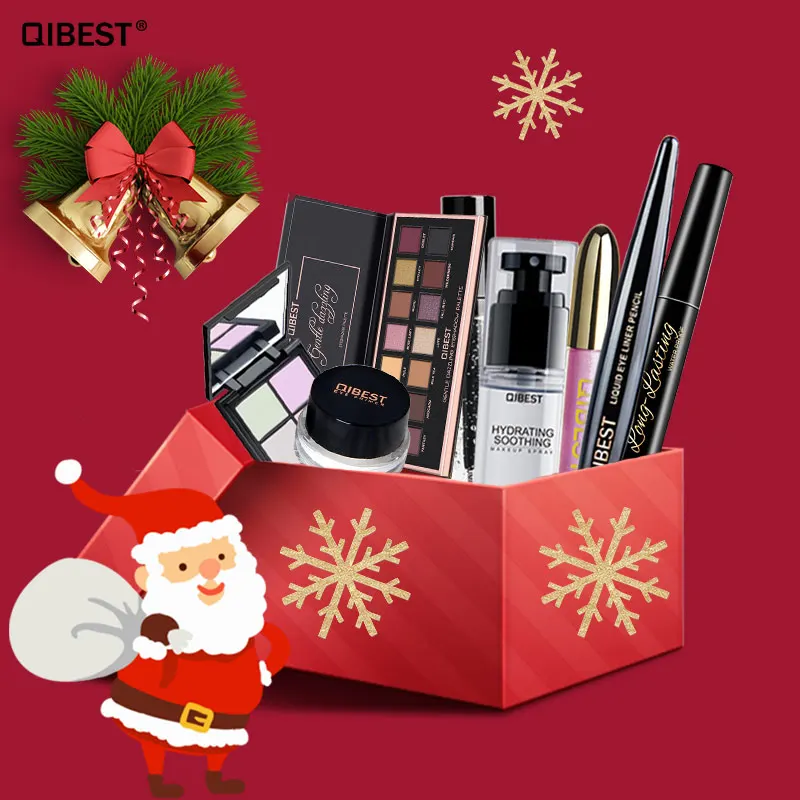 

Qibest 8Pcs Daily Use Cosmetics Makeup Sets Eyeshadow Pallete Gift Kits Tool 3D Volume Lipgloss Make Up Christmas Gift