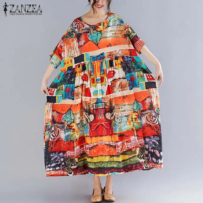 

2019 ZANZEA Short Sleeve Dress Women Casual Cotton Linen Party Long Vestidos Summer Vintage Printed Loose Sundress Female Robe