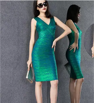

summer v-neck black blue green red knee-length sleeveless celebrity low bosom elegant vintage pub sexy party women bandage dress