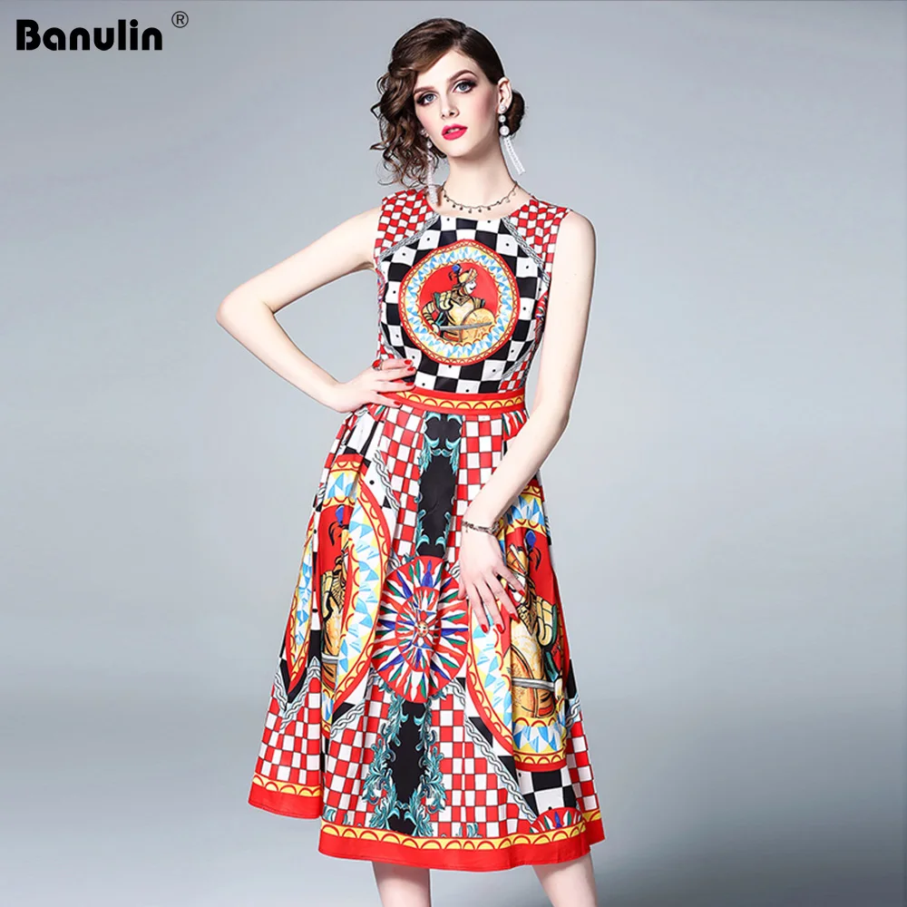 

Banulin New 2018 Fashion Runway Summer Dress Women's Sleeveless Tank Floral Printed Slim Midi Vintage Party Dress vestido B3181