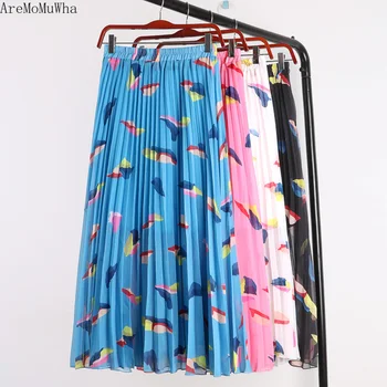 

AreMoMuWha Summer New High Waist Slim Chiffon Print Pleated Skirt A Word Long Paragraph Wild Skirt long skirts for women QX1090