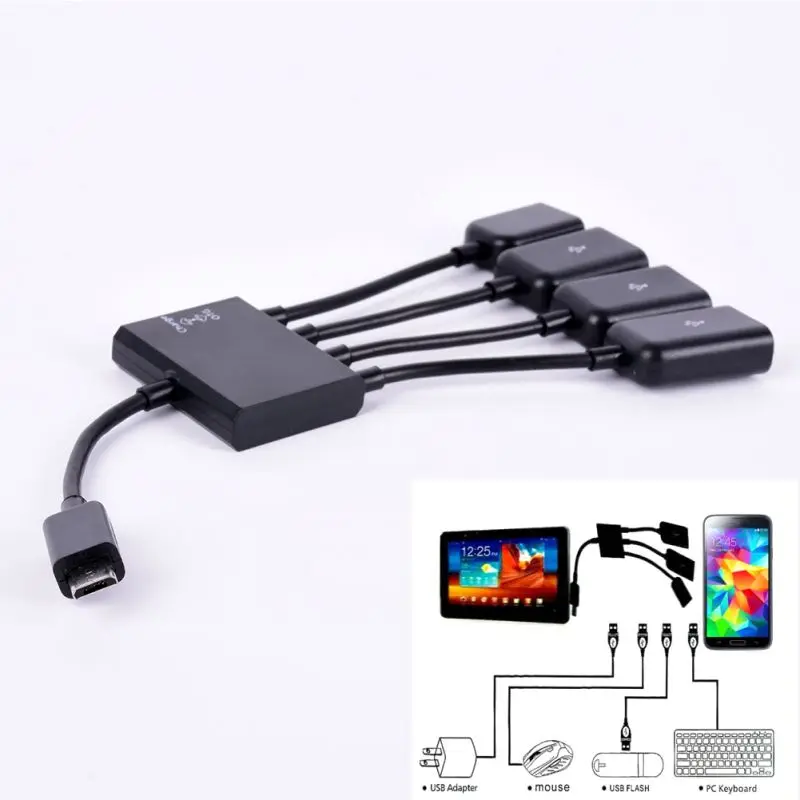 

Hot Multi-function USB 2.0 4 in 1 Micro USB Host OTG Charge Hub Cord Adapter Splitter for Android Smartphones Tablet Black Cable