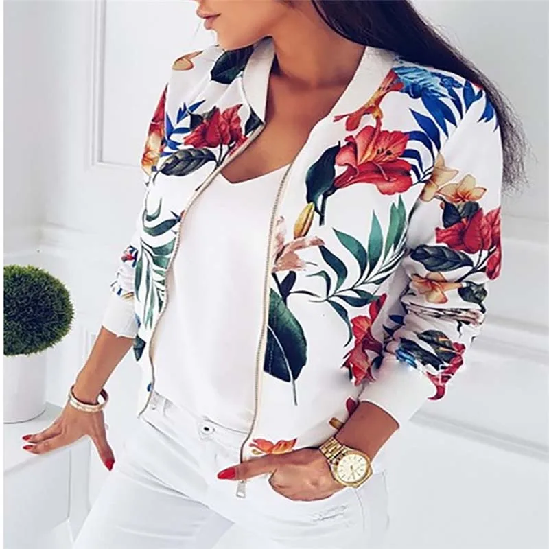 Fashion Autumn Women Floral Prints Jacket Coat XXL Flower Coats Zipper Long Sleeve Jacket Outwear Casual Tops White Blue New