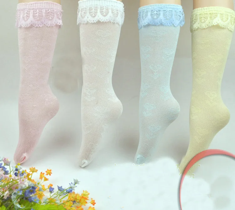 (61 497) 4 Pairs Summer Kid Toddlers Girls Mid tube Mesh Lace Socks No heel Thin sockstockings
