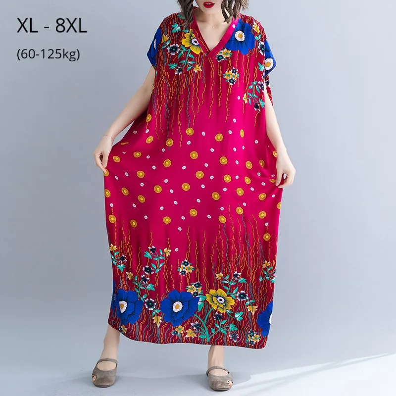 

Plus Size 8XL 7XL 6XL Summer Dress Female Cotton Linen Bohemian Print Casual Tops Femme Robe Beach Style Women Maxi Dresses