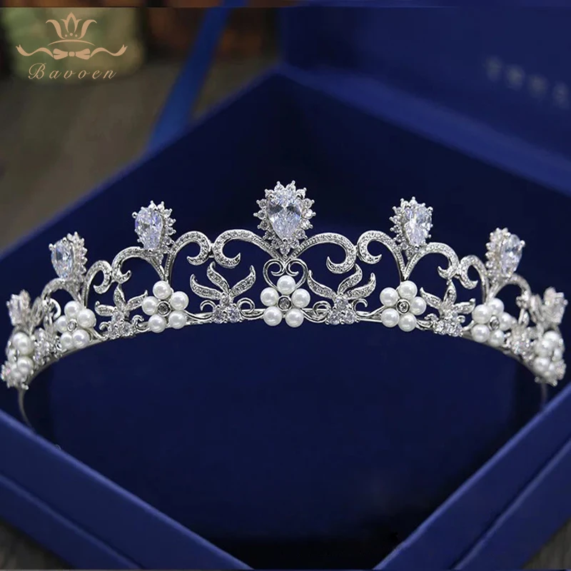 

Bavoen Royal European Brides Tiaras Crowns 4A Zircon Brides Hairbands Crystal Wedding Hair Accessories Mini Pearls Headbands