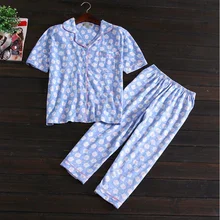 Летняя новая Домашняя одежда женский пижамный комплект хлопковый пижамный комплект Laides рубашка с короткими рукавами+ укороченные штаны