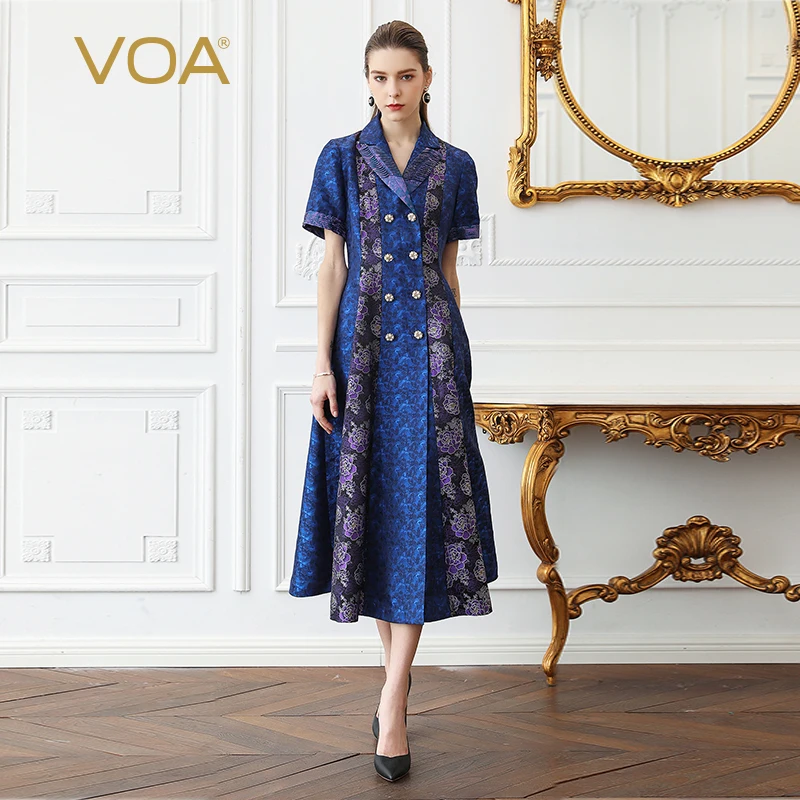 VOA Zware Zijde Double Breasted Geul Jurk Vrouwen Plus Size 5XL Slanke Jacquard Print Vintage Deep Blue Korte Mouw Zomer a353 VOA Zware Zijde Double Breasted Geul Jurk Vrouwen Plus Size 5XL Slanke Jacquard Print Vintage Deep Blue Korte Mouw Zomer a353
