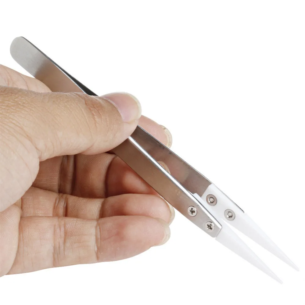 

2pcs/lot Professional Stainless Steel Ceramic Tweezers Heat Resistant Non Conductive Ceramic Pointed Tip DIY Tool