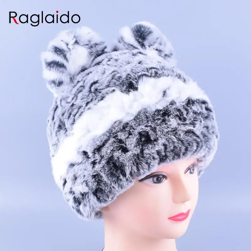11colors Cat Hat Winter Women Genuine Real Fur Rex Rabbit Hats Hand Knitted Female Beanie Hats Ladies Ear Caps Headwear LQ11148