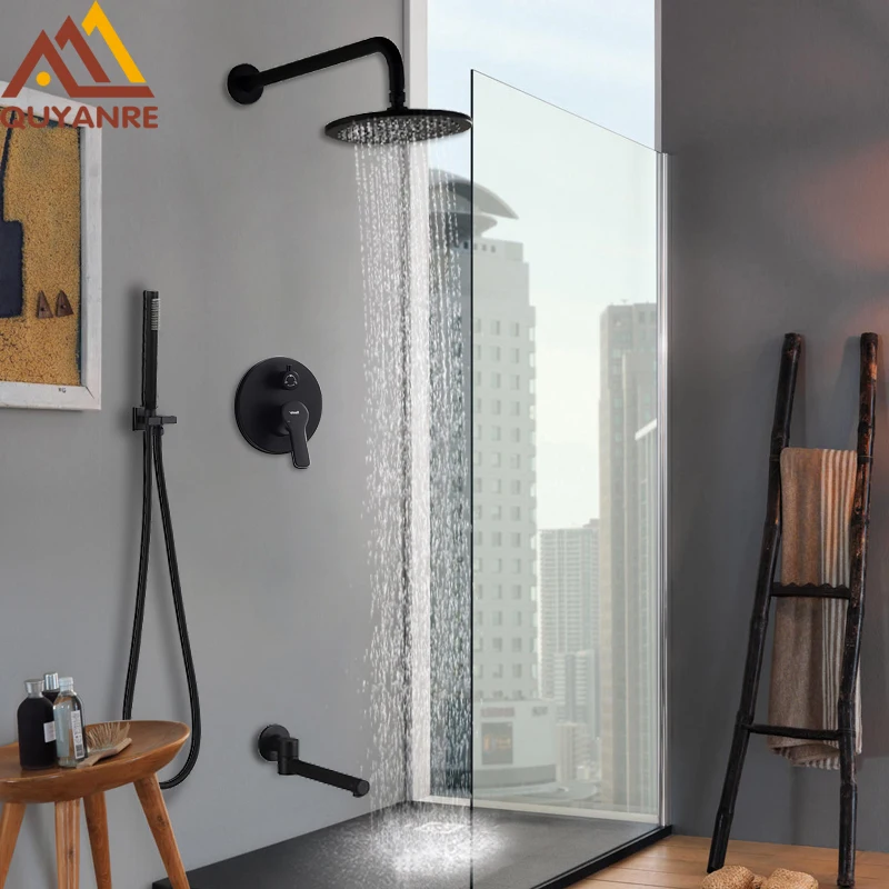 Quyanre Black 3 way Round Shower Faucets Set Brass Wall Mount Rainfall