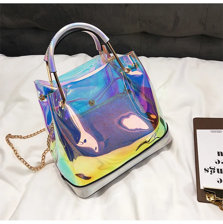 Прозрачные сумки через плечо для женщин, яркие цвета, женские ПВХ желейные сумки, кошелек, одноцветные сумки, женская сумка - Цвет: Серебристый