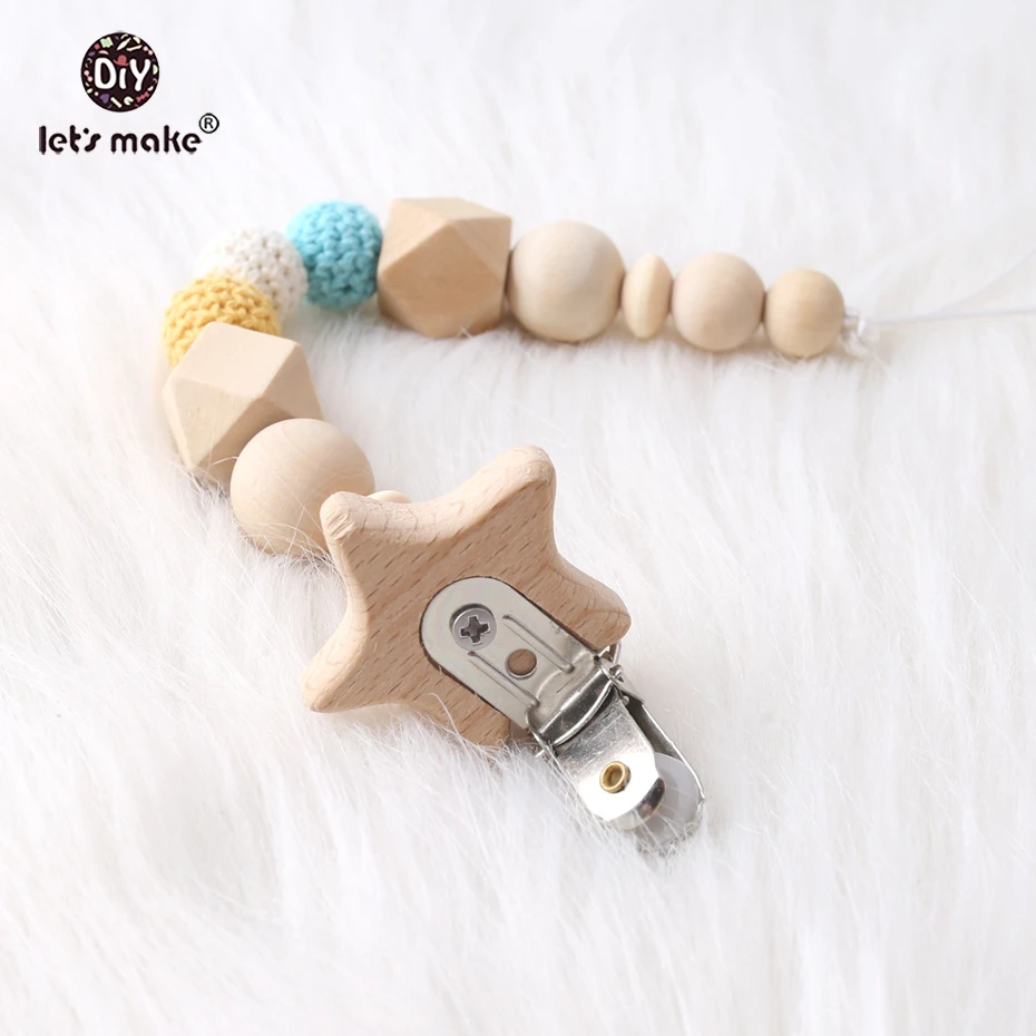 Let's Make Wooden Pacifier Clip Chain Beech Wood Star Metal Dummy Clip Baby Teething Hex Beads And Crochet Beads Holder Soothie