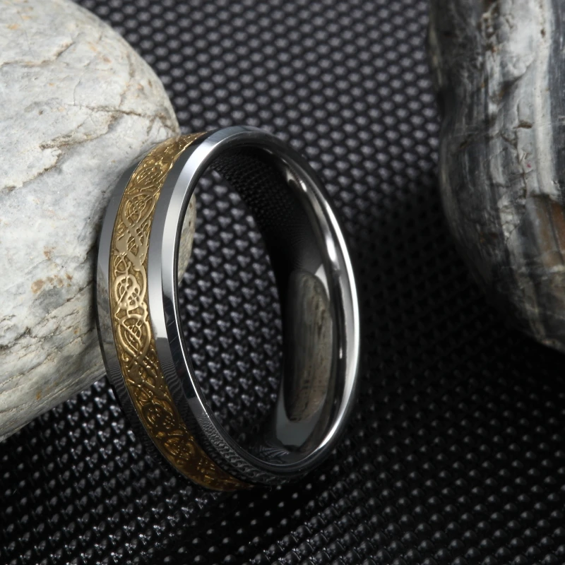 6 мм и 8 мм мужское кольцо из карбида вольфрама с золотым кельтским драконом, инкрустация полированными краями, обручальные кольца, обручальное кольцо, мужские ювелирные изделия, Bague Homme