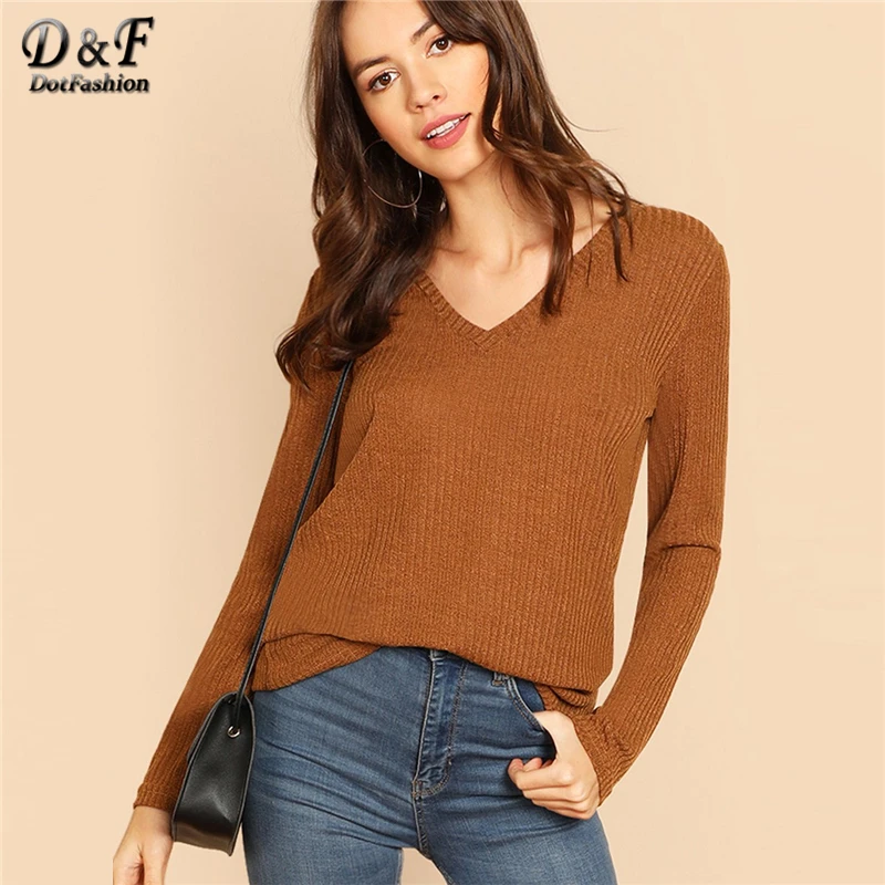 Dotfashion Brown V-Neck Solid Long Sleeve Tee Shirt Women 2018 Autumn Casual Rib-Knit Pullovers Tops Womens Clothing T-Shirt