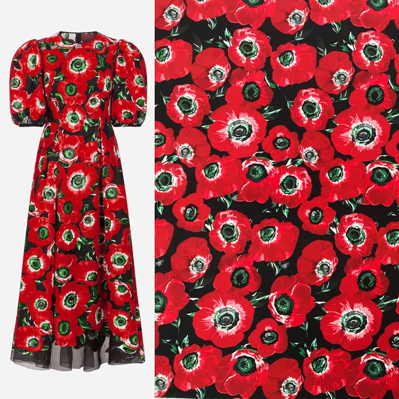 145 см ширина анемон принт черный четыре пути эластичная Полиэстеровая ткань для женщин летние платья юбки блузка брюки DIY-AF798