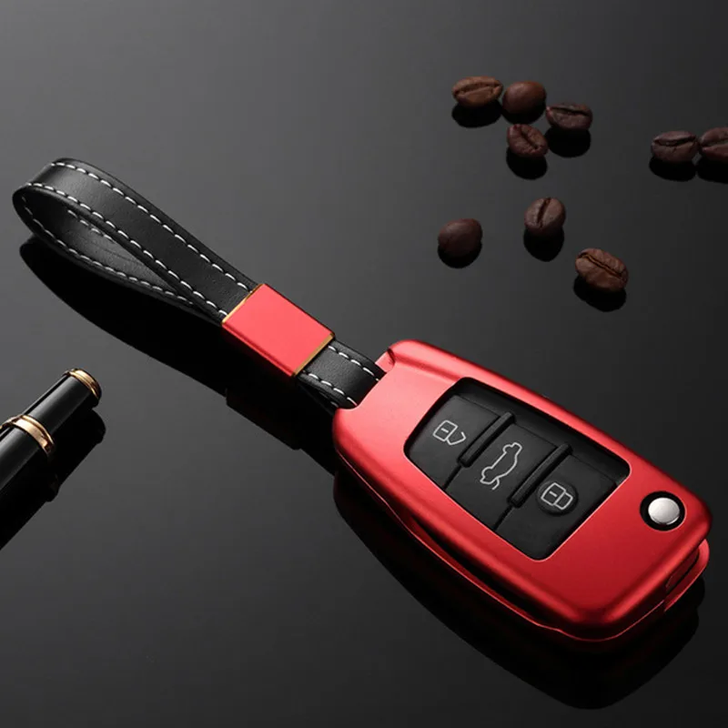 

Aluminum Alloy Car Key Case Cover with Leather Belt Key Shell Storage Bag Protector for Audi A3 A4 S5 A6 Q3 Q5 R8 TT