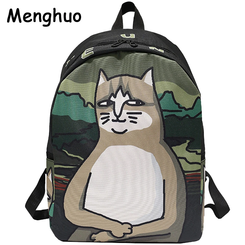 buy Menghuo Lovely Cat Printing Backpack Women Canvas Backpack School Bags for Teenagers Ladies Casual Cute Rucksack Bookbags