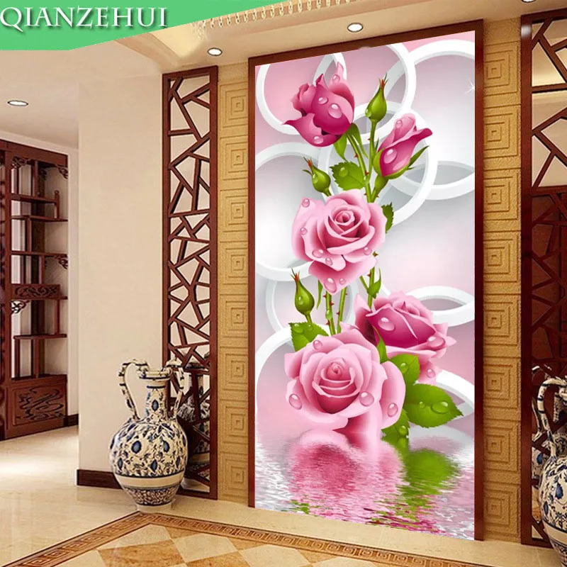 

QIANZEHUI,Needlework,DIY Landscape Cross stitch ,Blooming rich sweet rose cross stitch vertical Full embroidery Cross-stitch